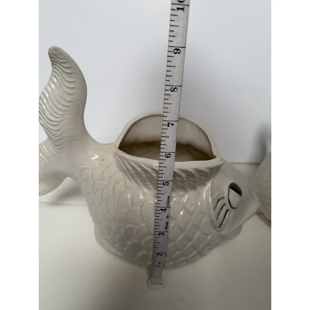 Vintage Ceramic White Fish Planter Pair Graduated Sizes MCM Koi Anthropomorphic - Picture 7 of 12